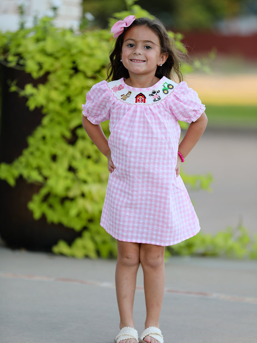 Farm Pink Smocking Embroidered Girls Dress