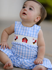 Boys Chicken Plaid Woven Smocking Embroidered Romper