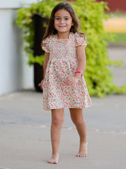 Smocking Orange Floral Print Short Sleeve dress