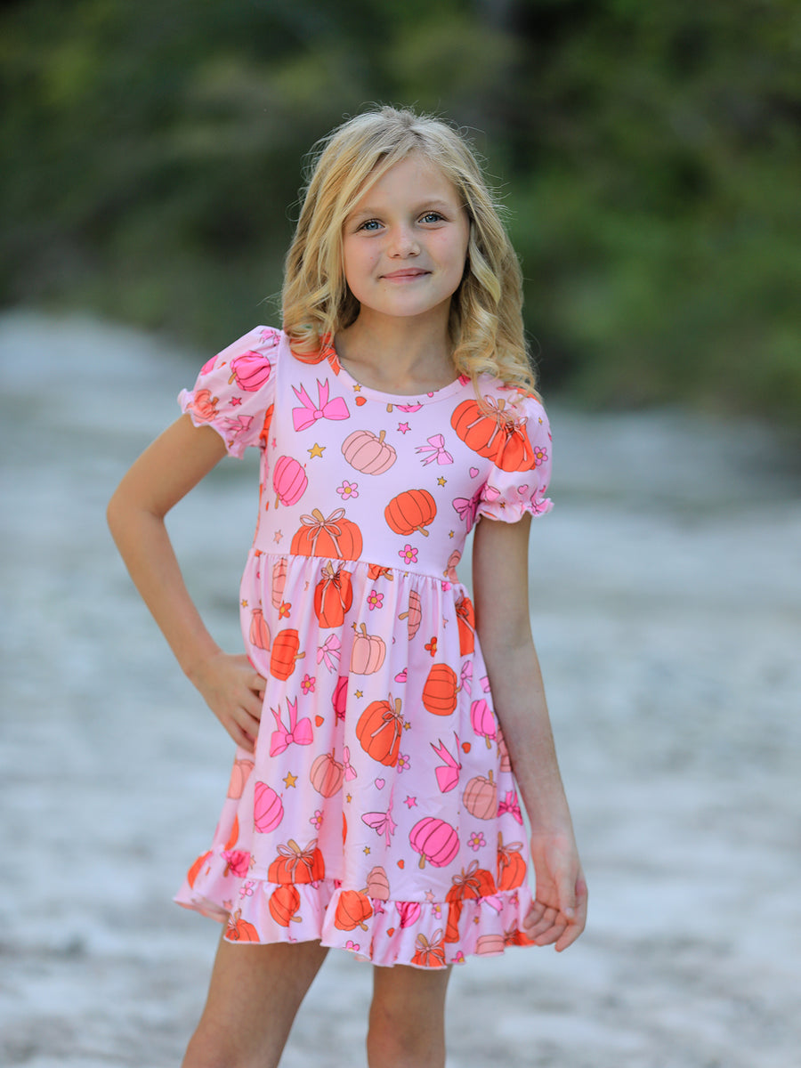 Girls Halloween Pumpkin Ghost Print Milk Silk Dress