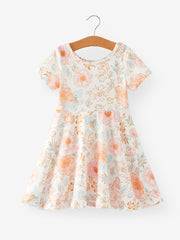 Spring and Summer Floral Print Milk Silk Girls Dress