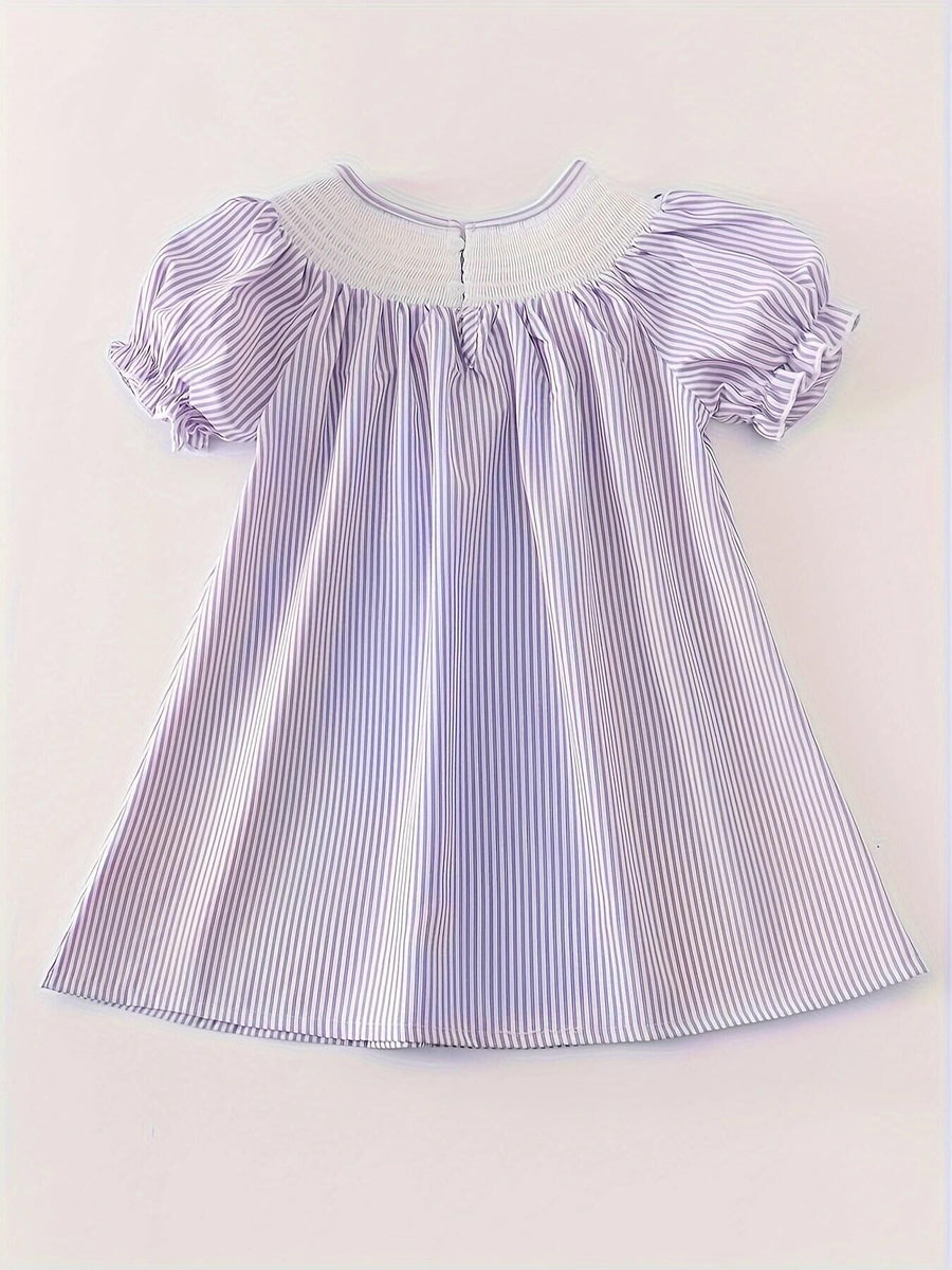 Girls Striped Short Sleeve Embroidered Dress