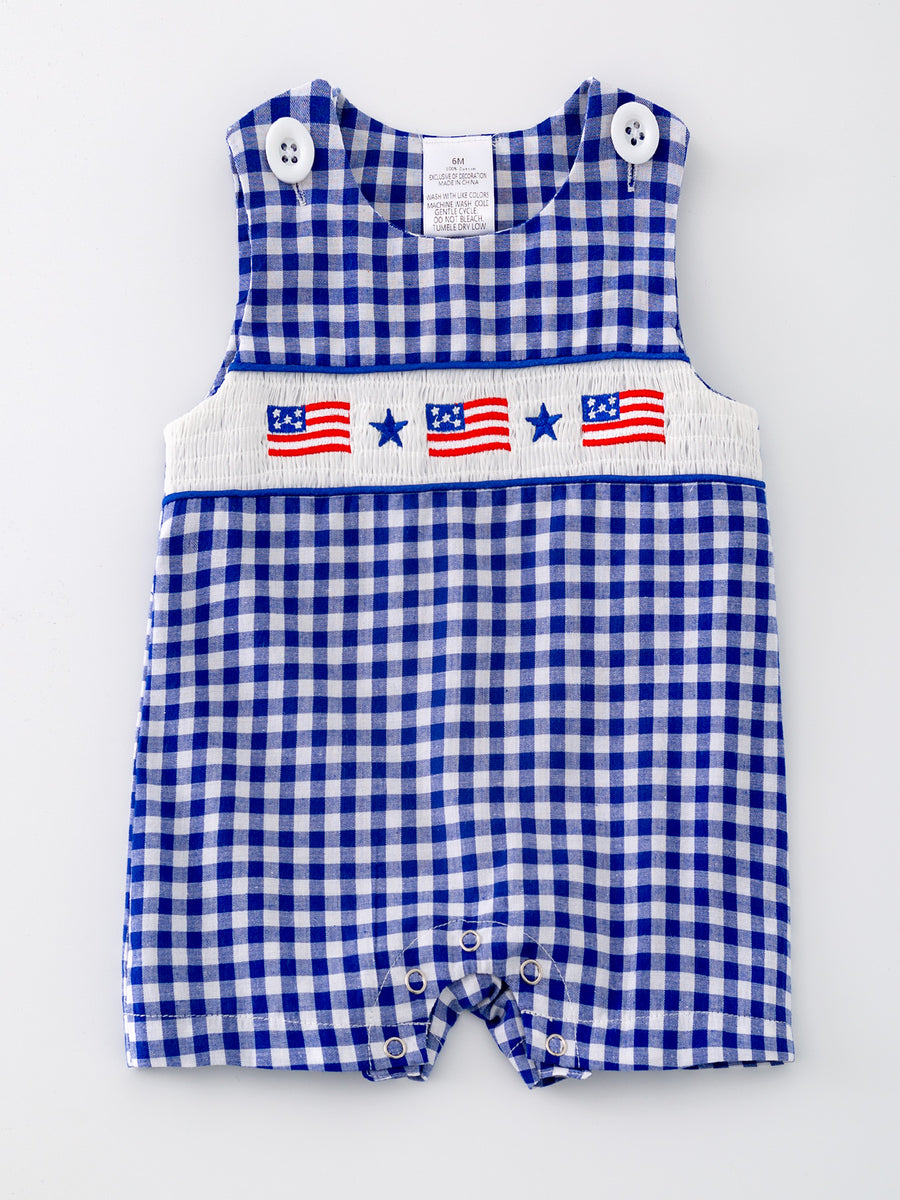 4th of july USA Embroidered Smocking Blue White Plaid Baby Boys Romper