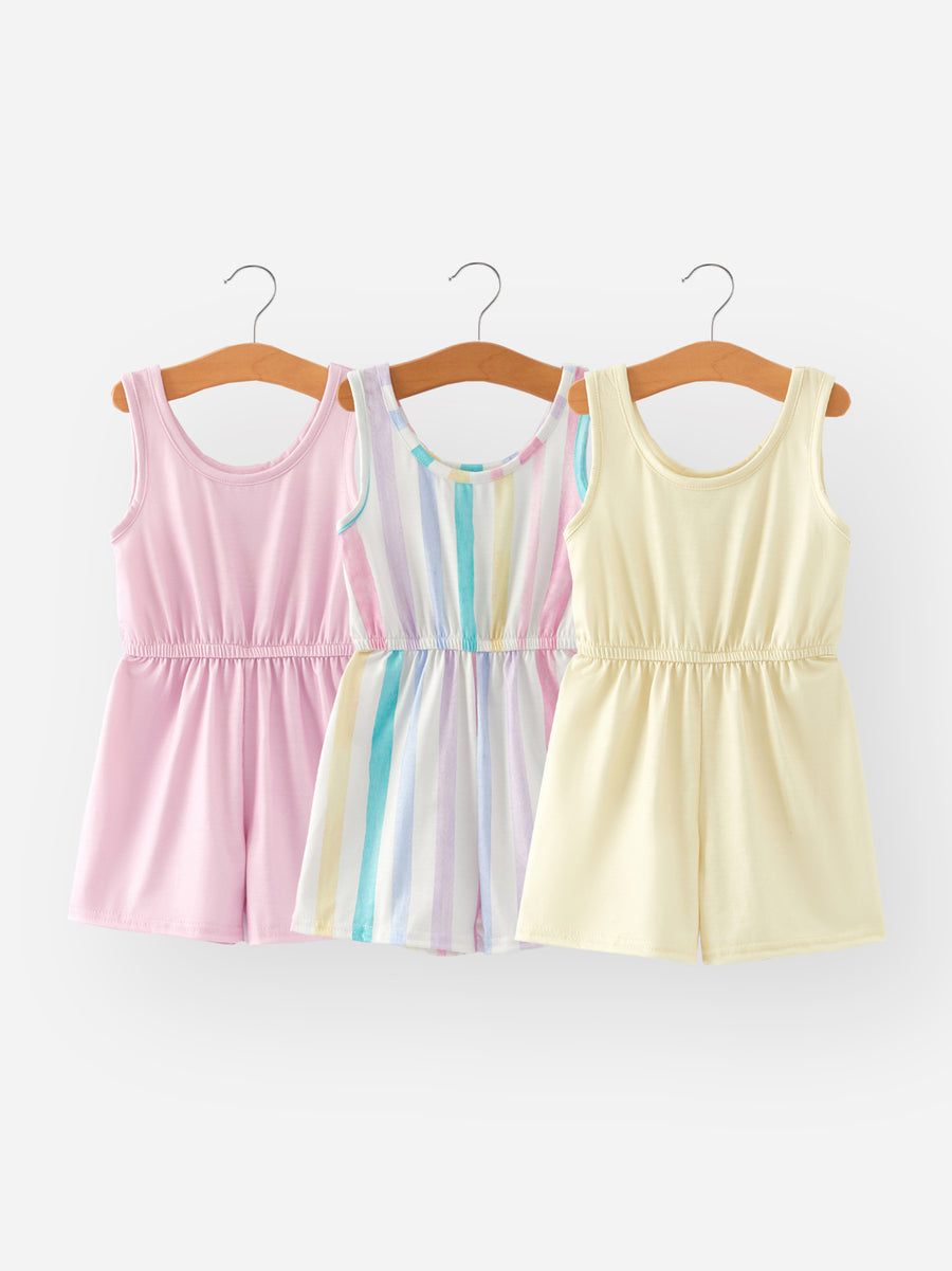 Three-Piece Girls' Striped Solid Color Jumpsuits Set