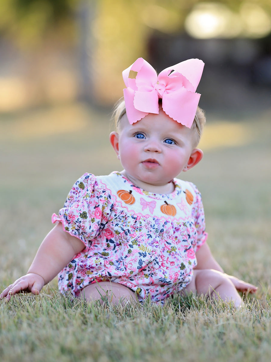 Halloween Girls Pumpkin Smocking Embroidered Romper