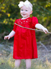 Girls Bow Smocking Embroidered Red Dress