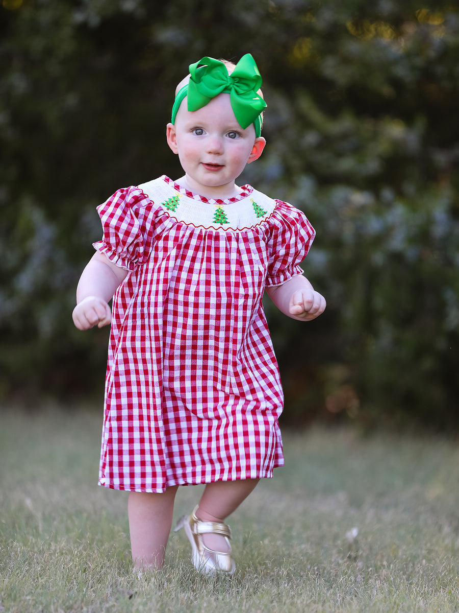 Christmas Tree Smocking Embroidered Girls Dress