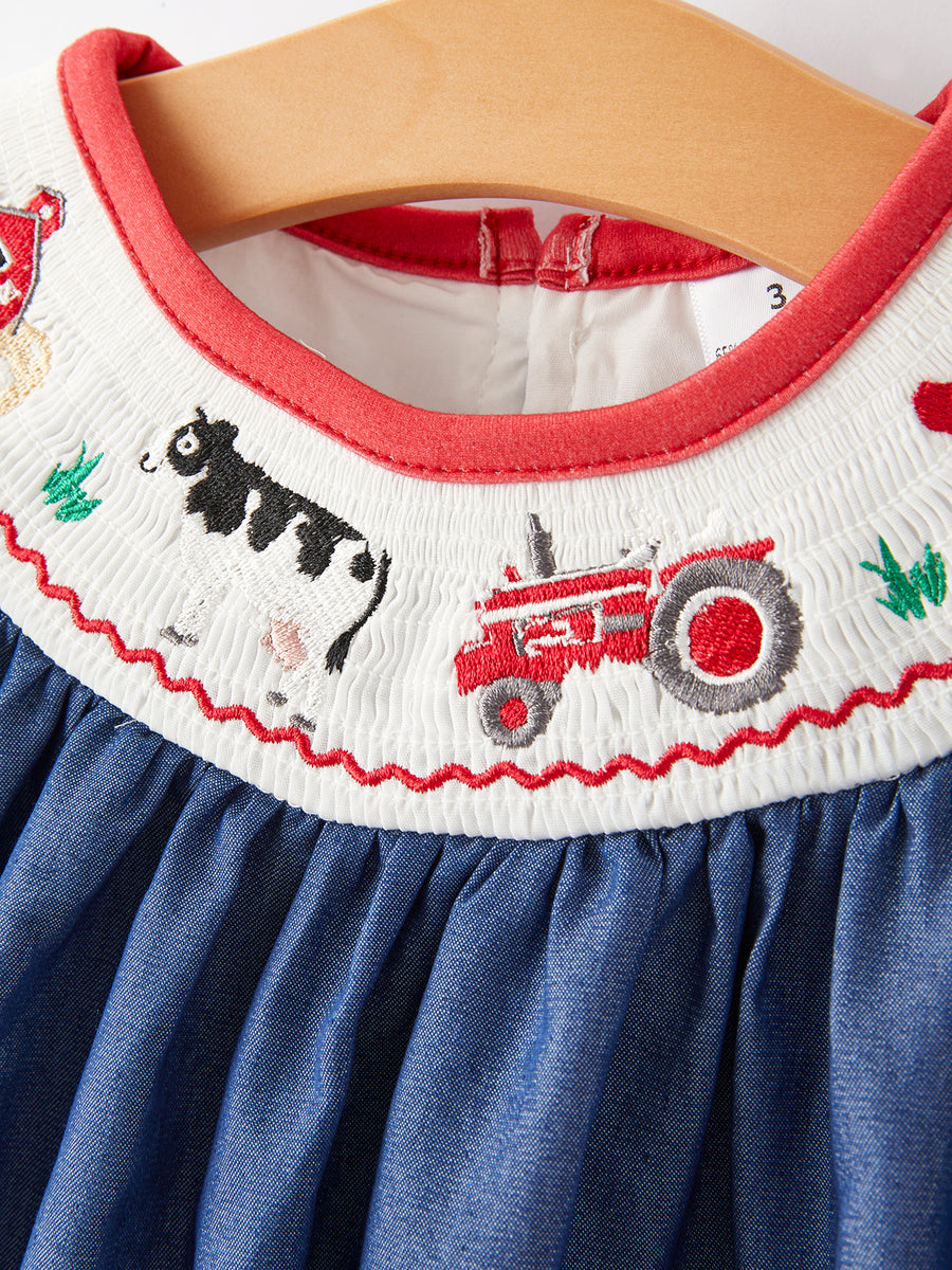 Girls Farm Smocking Embroidered Blue Dress