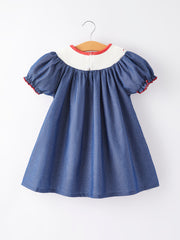 Girls Farm Smocking Embroidered Blue Dress