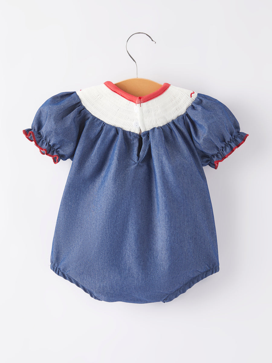 Girls Farm Smocking Embroidered Blue Dress