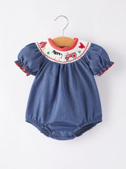 Girls Farm Smocking Embroidered Blue Dress