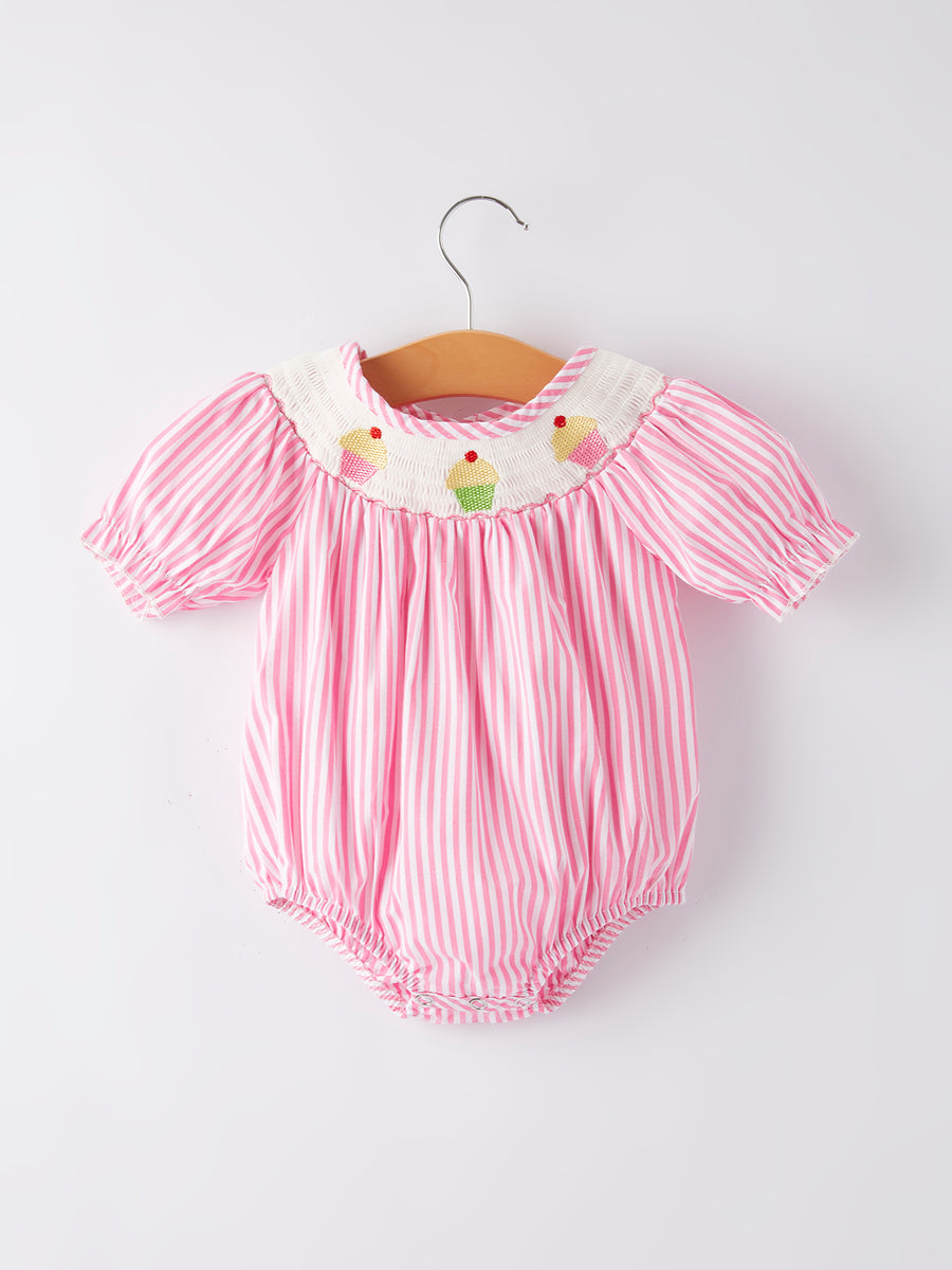 Girls Stripe Cake Smocking Embroidered Pink Romper