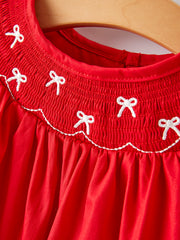 Girls Bow Smocking Embroidered Red Dress