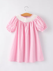 Girls Striped Smocking Embroidered Pink Dress