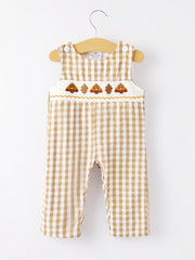 Boys Thanksgiving Smocking Embroidered Brown Plaid Romper