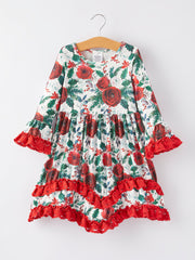 Girls Christmas Floral Print Long Sleeve Dress