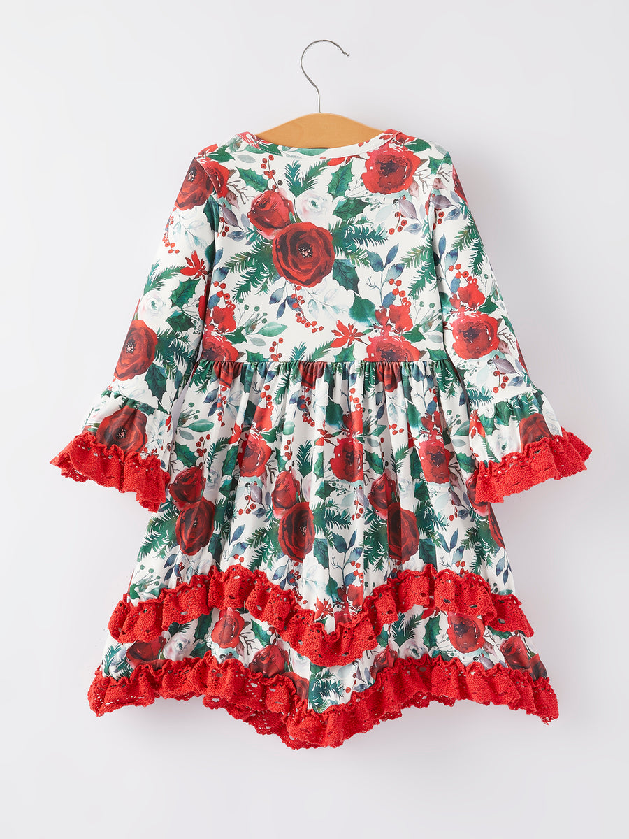 Girls Christmas Floral Print Long Sleeve Dress