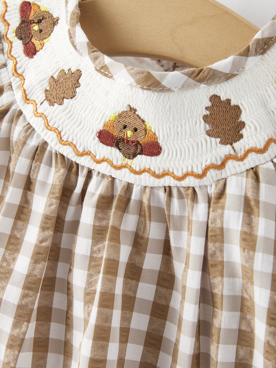 Girls Thanksgiving Smocking Embroidered Brown Plaid Romper