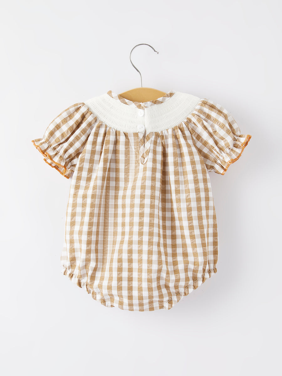 Girls Thanksgiving Smocking Embroidered Brown Plaid Romper