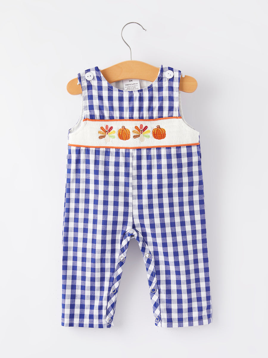 Boys Thanksgiving Smocking Embroidered Bule Plaid Romper