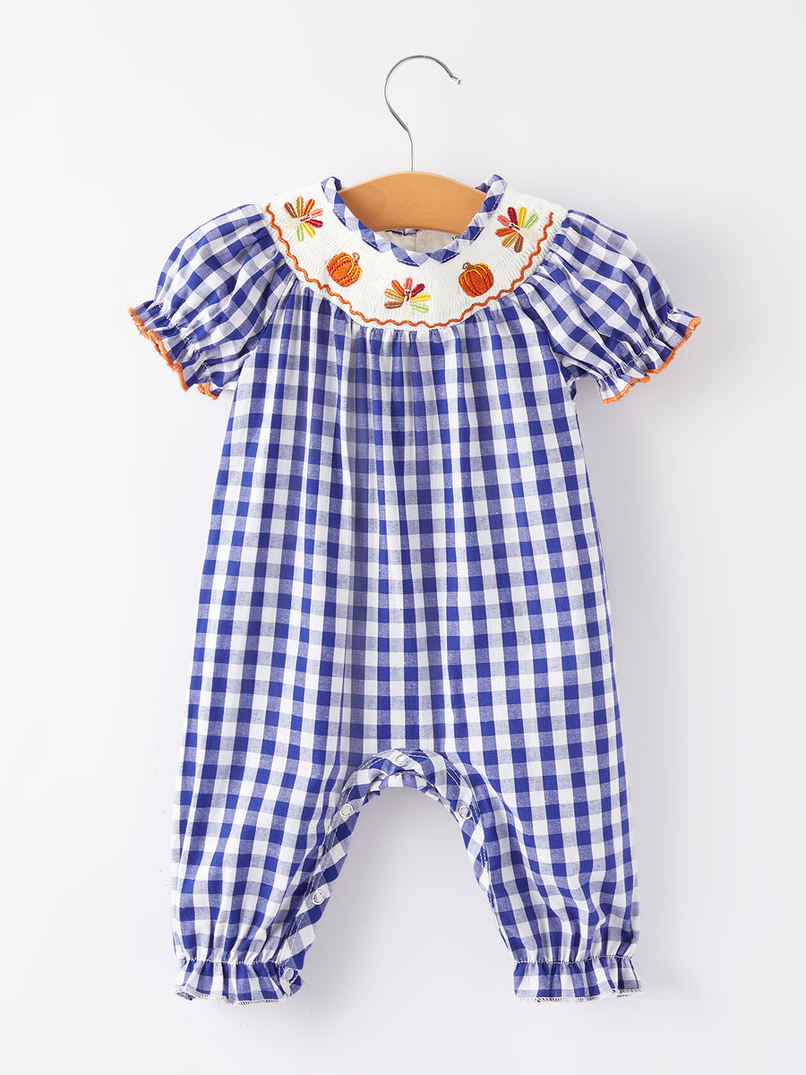 Girls Thanksgiving Smocking Embroidered Bule Plaid Romper