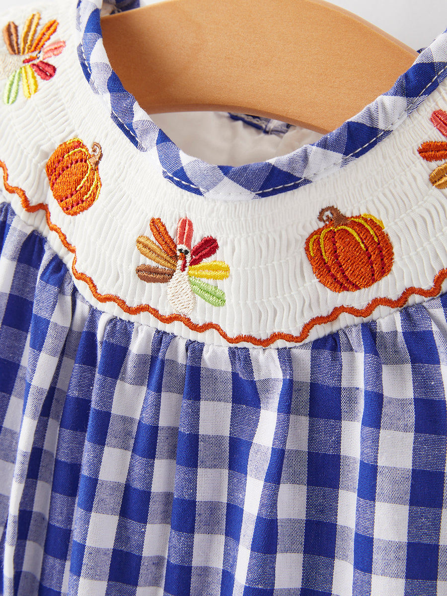 Girls Thanksgiving Smocking Embroidered Bule Plaid Romper