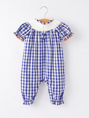 Girls Thanksgiving Smocking Embroidered Bule Plaid Romper