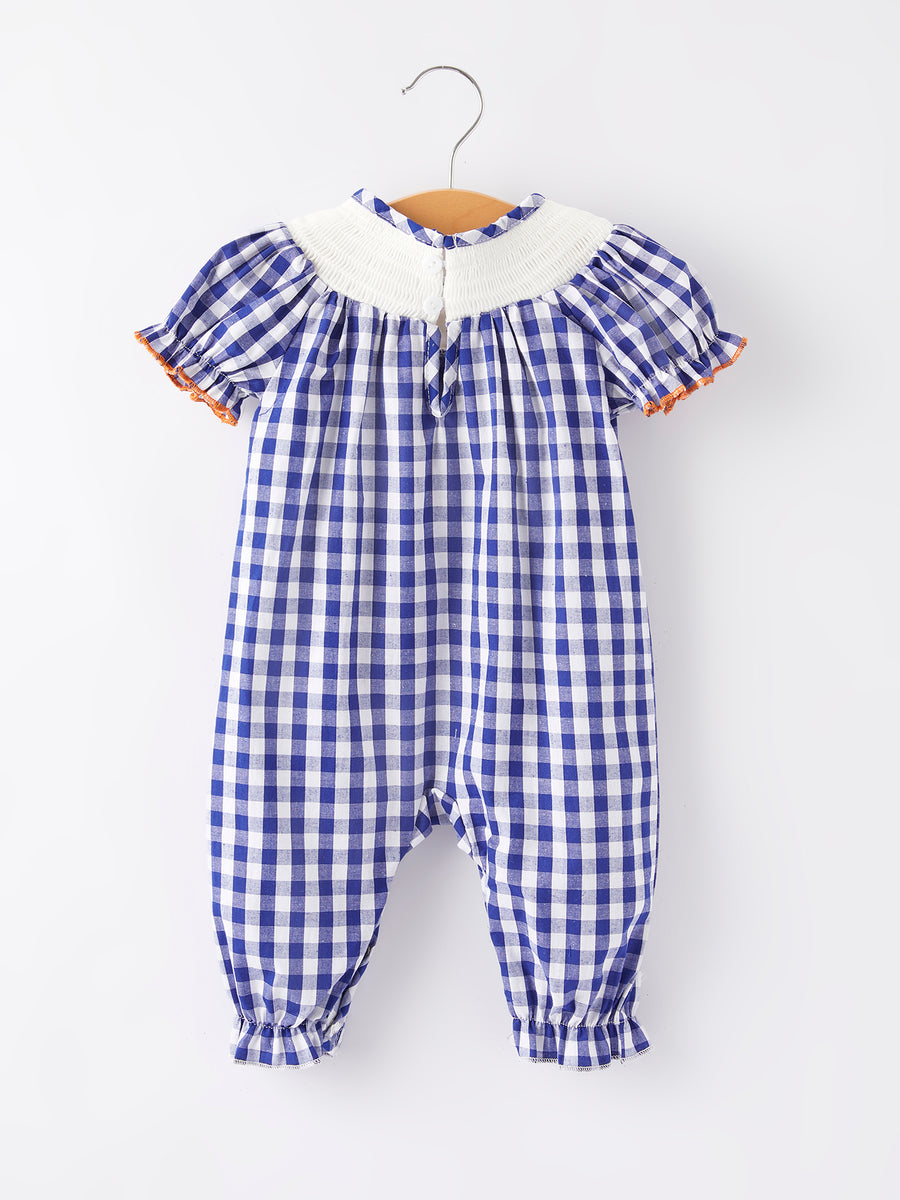 Girls Thanksgiving Smocking Embroidered Bule Plaid Romper