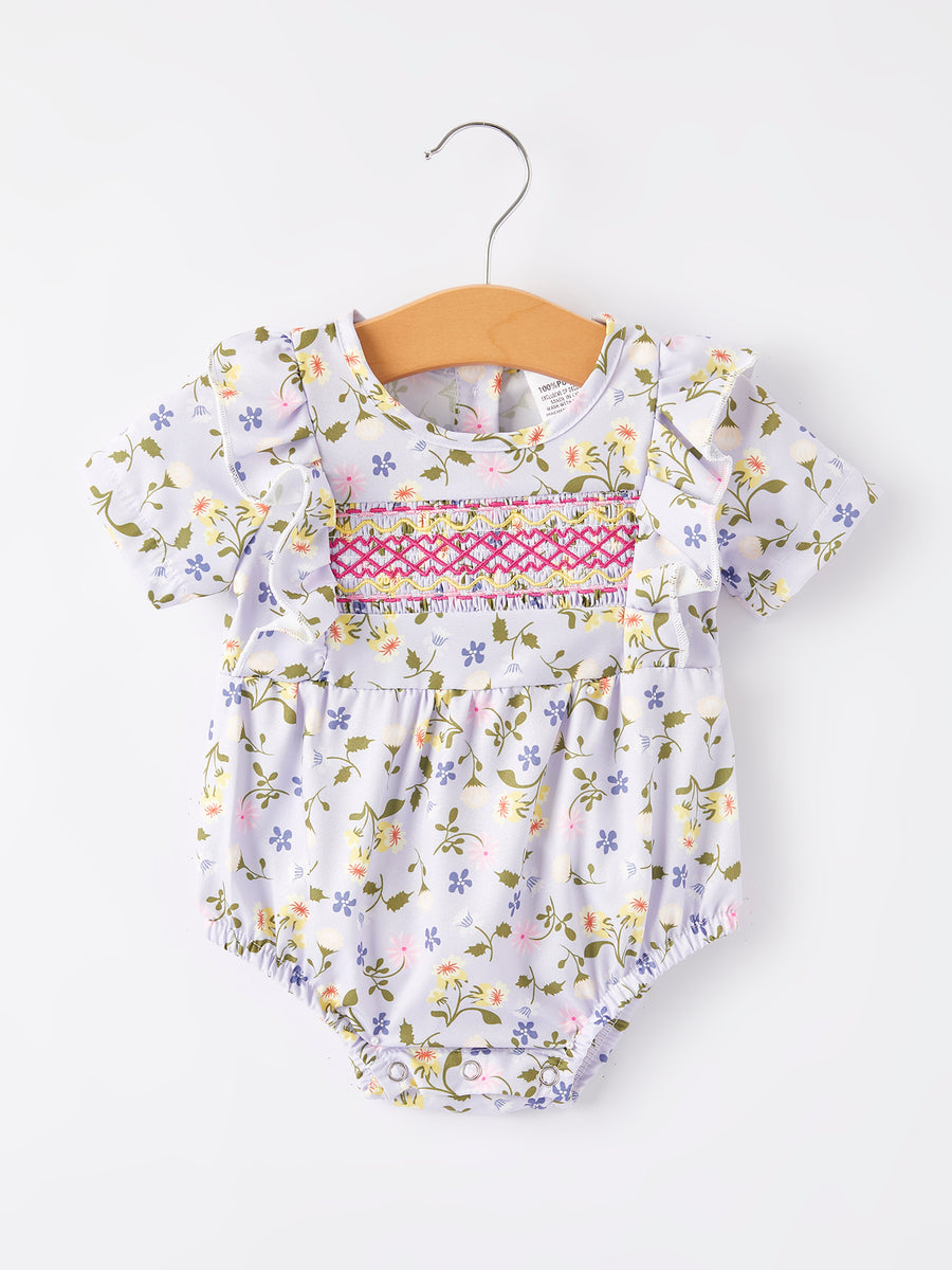 Girls Smocking Embroidered Floral Romper