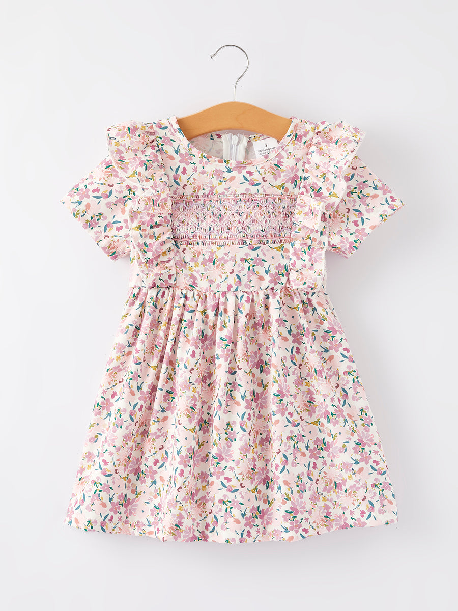 Girls Smocking Embroidered Pink Floral Dress