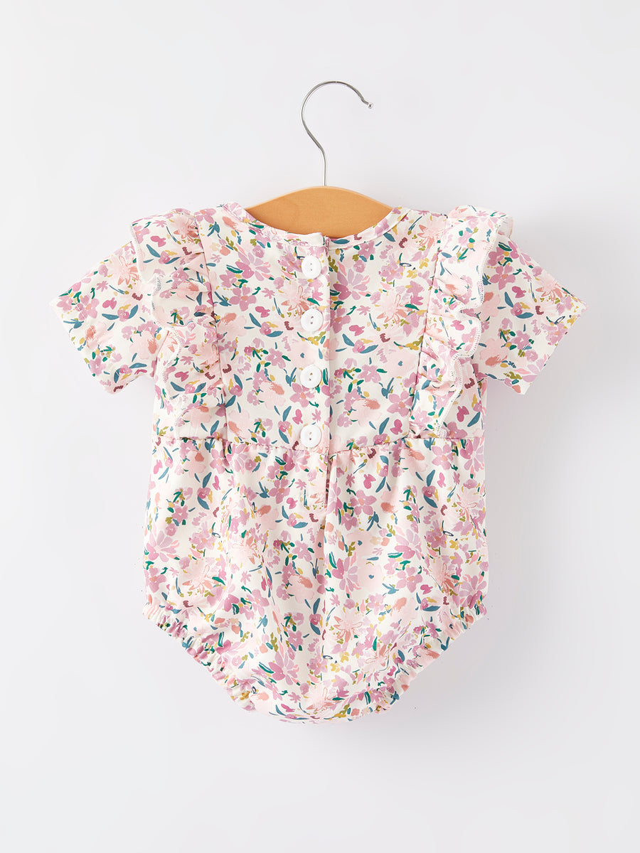 Girls Smocking Embroidered Pink Floral Romper