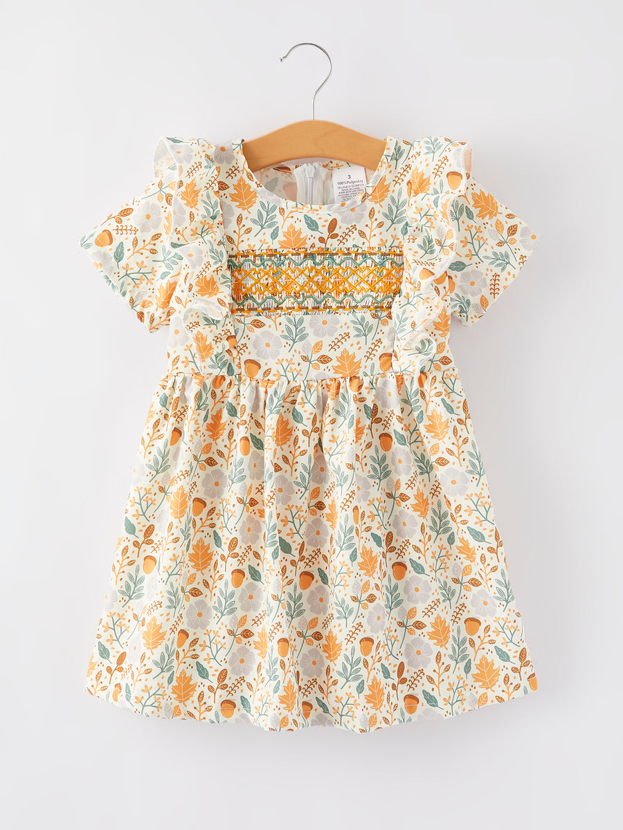 Girls Smocking Embroidered Yellow Floral Dress