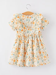 Girls Smocking Embroidered Yellow Floral Dress