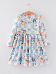 Cartoon Girls Print Blue Dress with Pocket