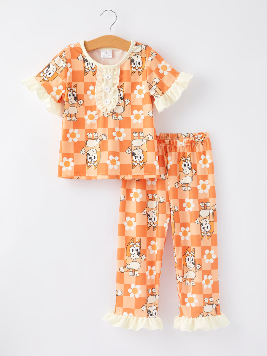 Cartoon Girls Print Orange Pajama Outfit Set