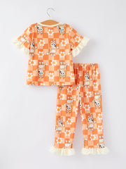 Cartoon Girls Print Orange Pajama Outfit Set