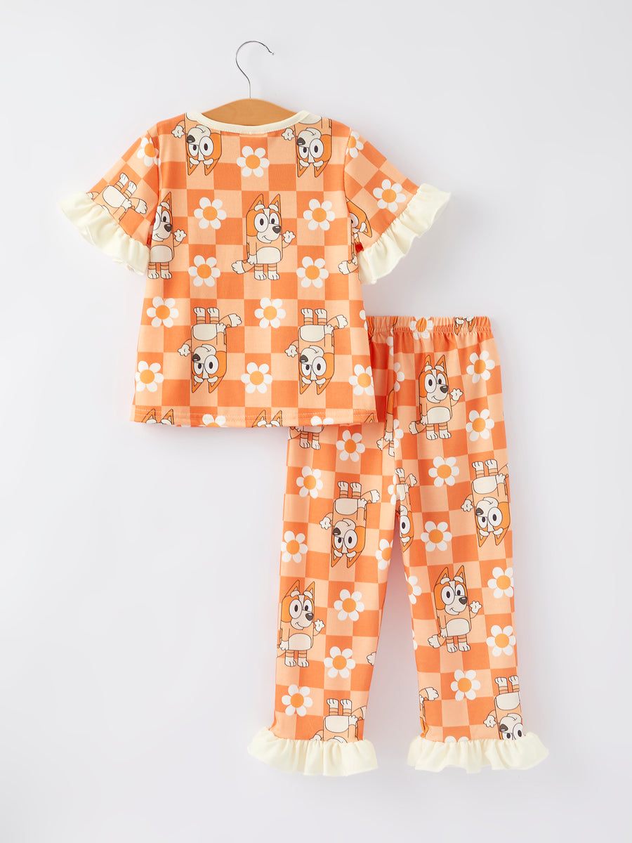 Cartoon Girls Print Orange Pajama Outfit Set