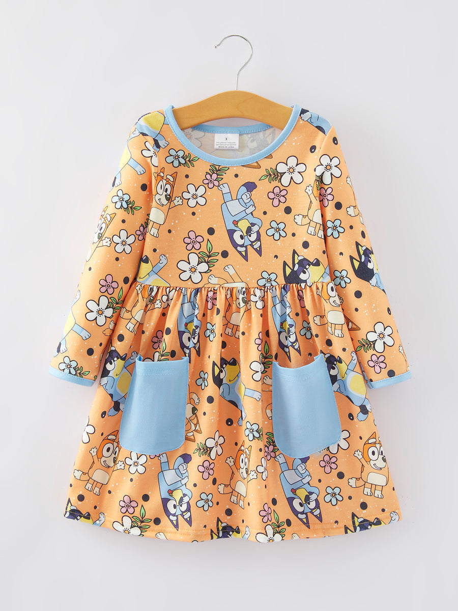 Cartoon Girls Print Orange Dress with Pocket