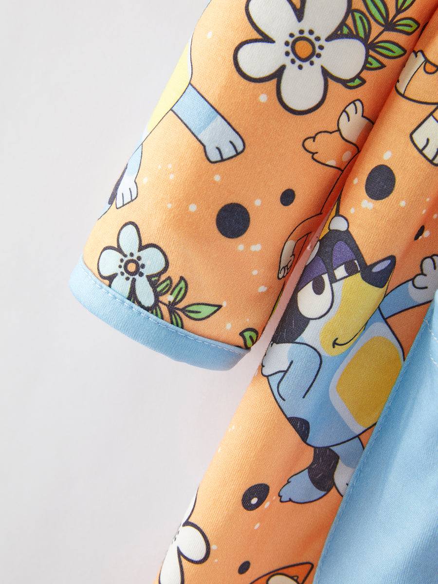 Cartoon Girls Print Orange Dress with Pocket