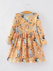 Cartoon Girls Print Orange Dress with Pocket