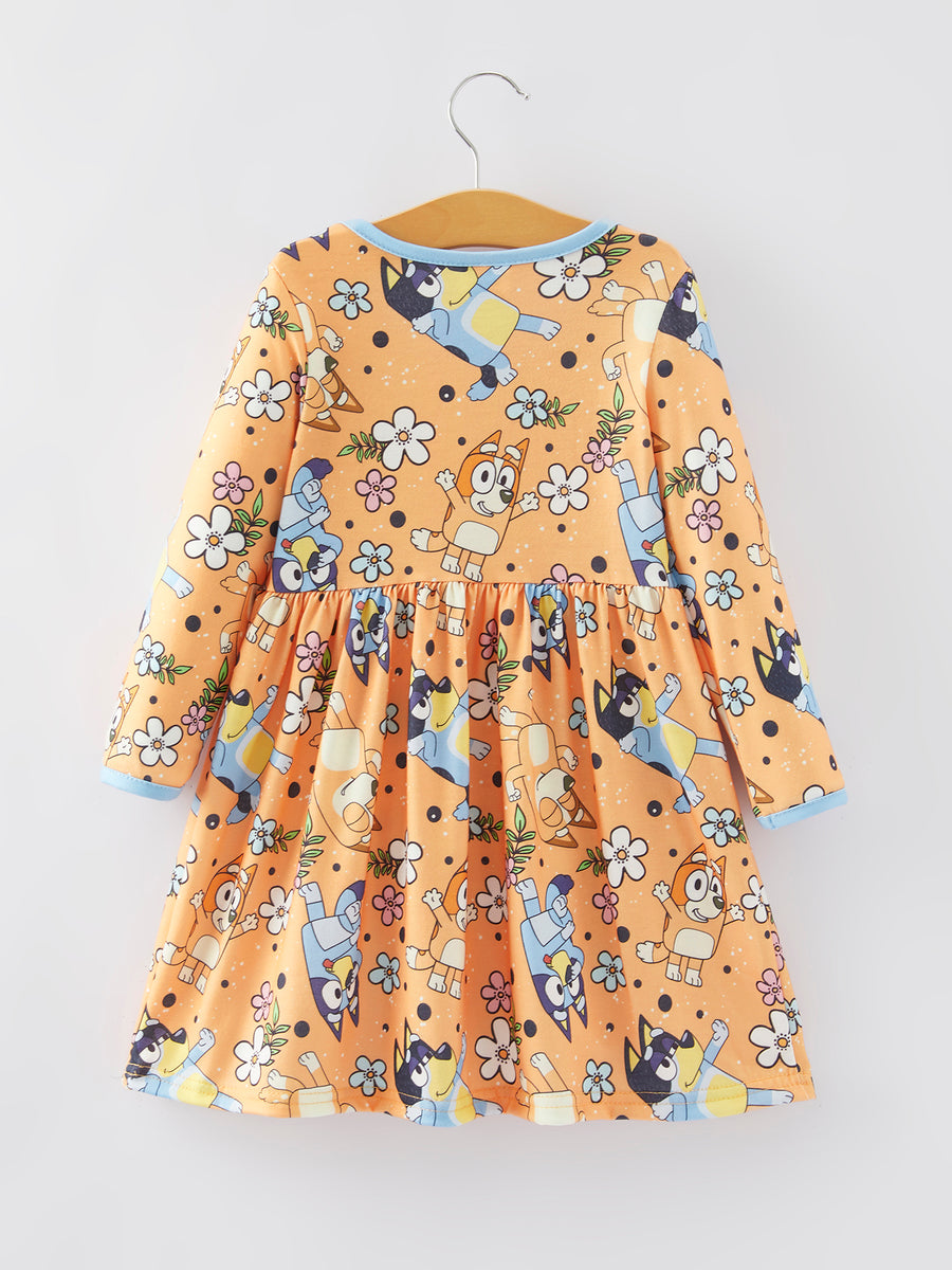 Cartoon Girls Print Orange Dress with Pocket