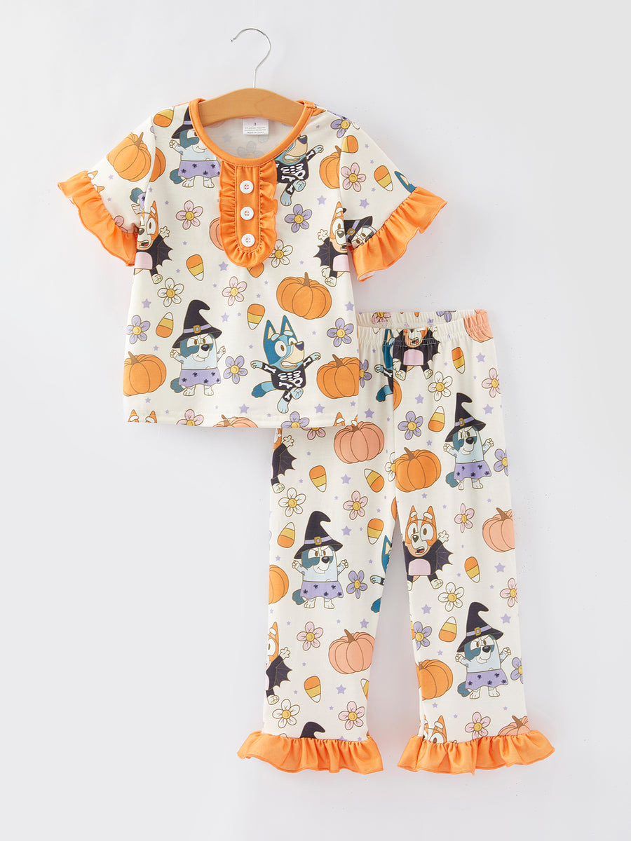 Halloween Cartoon Girls Print Orange Pajama Outfit Set