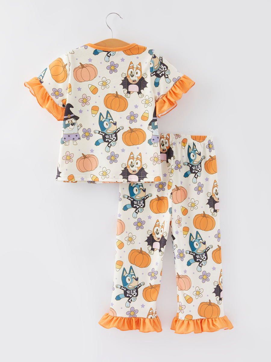 Halloween Cartoon Girls Print Orange Pajama Outfit Set