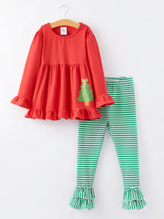 Christmas Tree Print Striped Girls Outfit Set