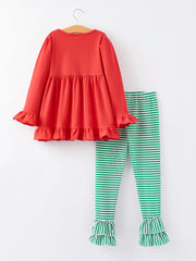 Christmas Tree Print Striped Girls Outfit Set