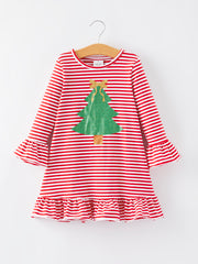 Christmas Tree Print Striped Girls Dress