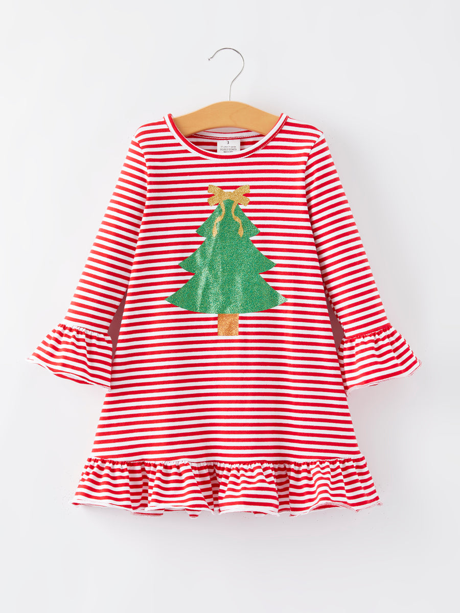 Christmas Tree Print Striped Girls Dress Rylee Faith Designs