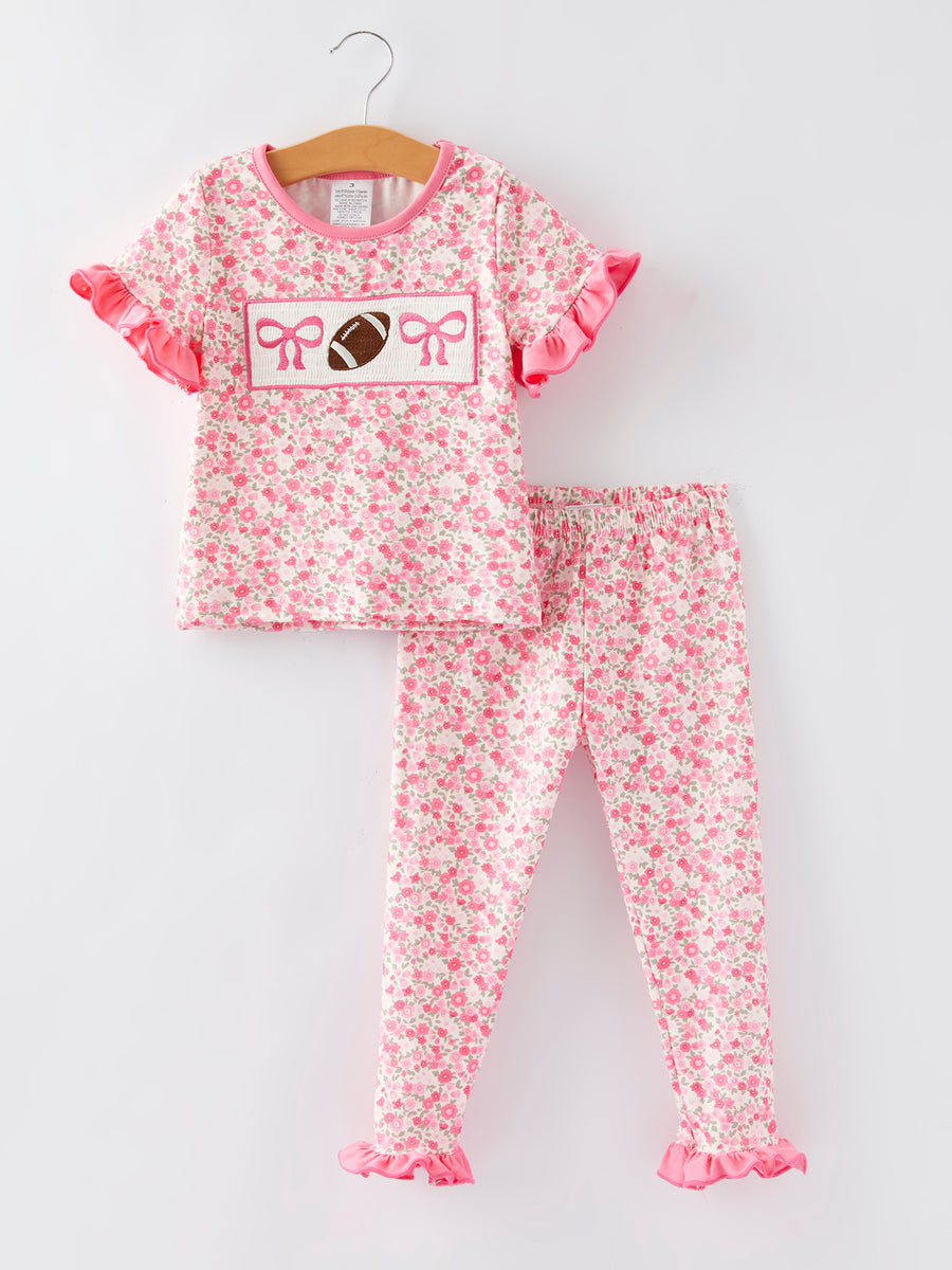 Football Smocking Bow Embroidered Girls Ruffle Pajamas