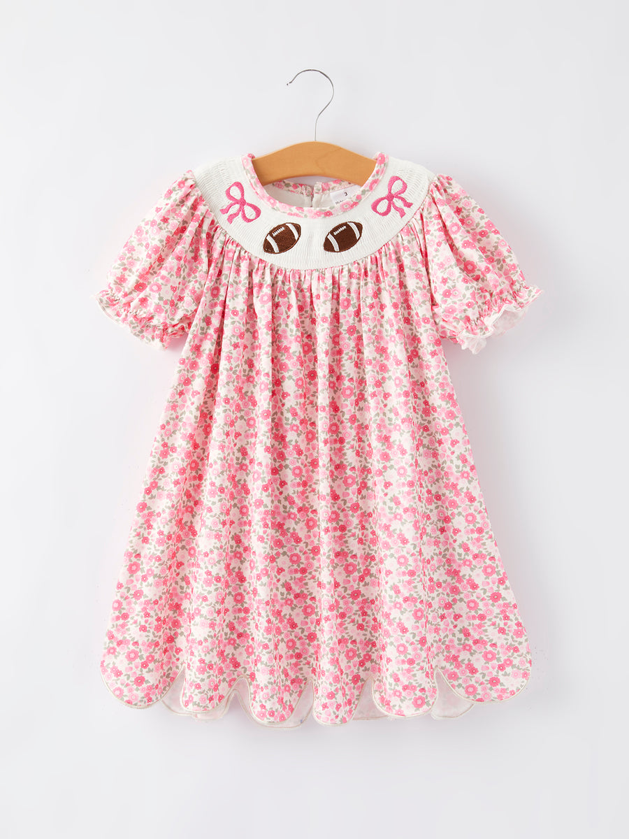 Football Smocking Bow Embroidered Girls Dress