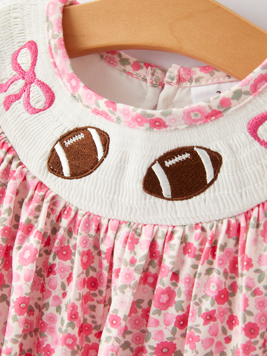 Football Smocking Bow Embroidered Girls Dress